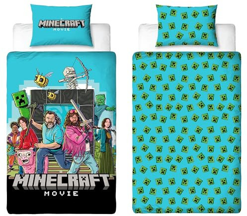 Offizielles Minecraft-Film-Bettwäsche-Set für Einzelbett, Gaming-Design, wendbar, 2-seitig, inkl. passendem Kissenbezug, Einzelbett-Set