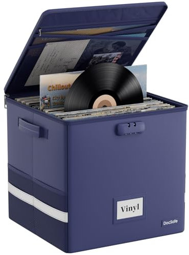 Caja de almacenamiento de discos de vinilo, ignífuga e impermeable para discos de 12 pulgadas, con capacidad para hasta 100 discos individuales, organizador portátil plegable con cerradura azul
