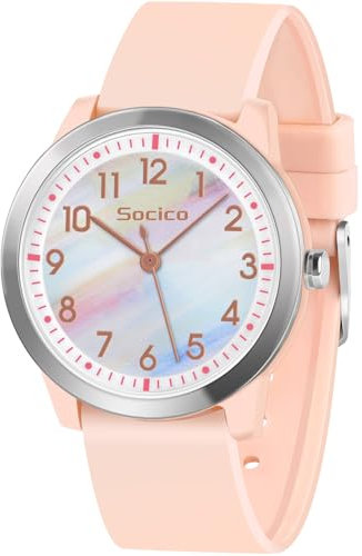 SOCICO Kinderuhr Analog, 5ATM/50M Wasserdicht Armbanduhr Kinder Mädchen Jungen Teenager, Leicht Lesbar Kinder Quartz Minimalistisch Uhren für 9-18 Jahre (RegenbogenRosa)