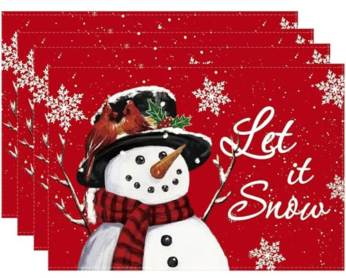 Platzset Weihnachten 4er Set, LMSHOWOWO 30 x 45 cm Schneemann Tischset Weihnachten Abwaschbar, Baumwolle und Leinen Weihnachts Tischset für Weihnachtsdeko Tisch Küche Party Deko