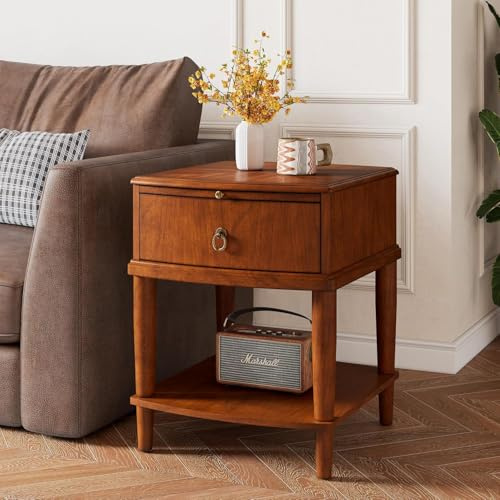 PADMA HOUSE Massivholz Beistelltisch mit Schublade und Ablagefläche, traditioneller Beistelltisch, schmaler Telefontisch, Nachttisch, Couchtisch für Wohnzimmer, Schlafzimmer Büro (45L*50W*58H)