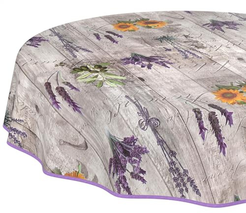 Wachstuchtischdecke Tischdecke abwaschbar Wachstischdecke pflegeleicht wasserabweisend Lotuseffekt Gartentischdecke Provence Rund 140 cm mit Saum (Eingefasst)