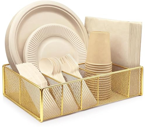 DysanVica Metal Paper Plate Holder - Utensil Silverware Caddy Gold | Kitchen Counter Cabinet Cutlery Flatware Organizer Storage Dispenser Box Plastic Spoon Fork Plates Napkins Cup Party Camping