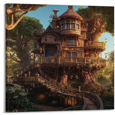 XYSXYCP Wandkunstdruck, Landschaftsposter, magisches Baumhaus im Wald, moderne Familie für Wohnzimmer, Dekoration, 70 x 70 cm
