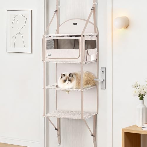 PLEKER Pet Carrier for Small/Medium Cats Up to 22lbs, 4 in 1 Multi-Level Door Hanging Cat Tree Tower Condo for Indoor Cats, Collapsible and Tool-Free Assembly, Fits Doors <86in H