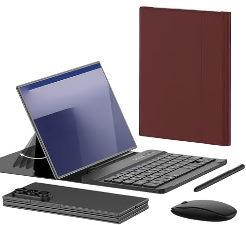 YSHFGAN Mobile Office Set for Tablet and Phone, Bluetooth Keyboard + Wireless Mouse + Stylus + Leather Case with Adjustable Stand, for Business Trips/Work/Studies (Red)