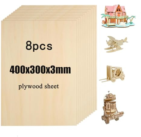 DAHI 8 Pezzi Compensato 3mm (A3) - 40 x 30 cm Legno Compensato - Pannello e Fogli di Legno Sottili - per Taglio Laser, Modellare, Pirografia