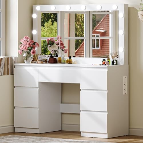 JUMMICO Schminktisch mit Spiegel und Beleuchtung, 3-Fach Licht, Steckdose & USB, Weißer Frisiertisch mit Schubladen für Mädchen & Erwachsene, Moderner Vanity Desk