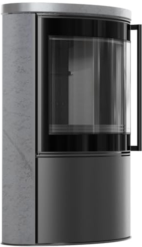 BJORN Ø 150 7 kW freistehender Stahlofen, dekorative GRAY SATIN-Speicherkeramik, Keramikabdeckung; schwarzes Thermotec; mit Verschlussmechanismus