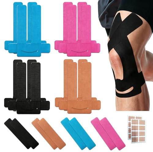 16 Stück Kinesiotapes Vorgeschnitten Knie, Precut Kinesiologie Tape | Kinesiotape für Knie, Streifen Knie Physio Tape für Sport 4 Farben Knietapes mit 2 Gittertapes