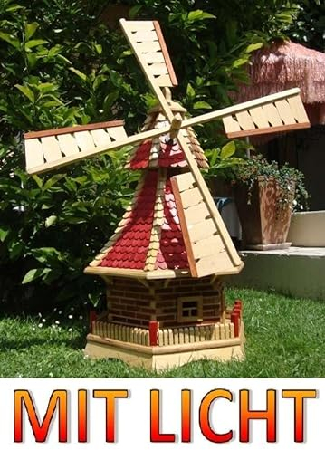 Windmühle,Windmühle für Garten, mit Holzschindel - Dach NEU mit Kugellager, KOMPLETT mit Solar,Solarbeleuchtung, inkl. Doppel-Solarlicht + Solarmodul, 1 m groß rot lasiert hell weinrot + Natur