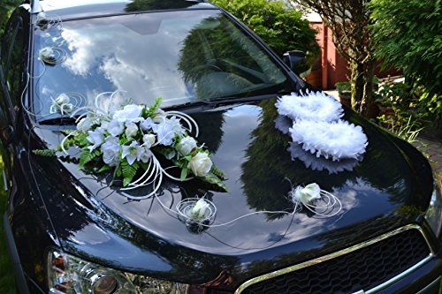 Autodeko Autoschmuck Hochzeit Deko Hochzeitsdeko Rattan 9 Rosen + Blumenstrauß NEU! (weiß+Herzen)