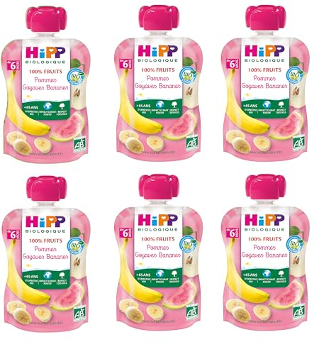 Hipp Biologique Set de 6 Gourdes de Pommes Goyaves Bananes 90 g