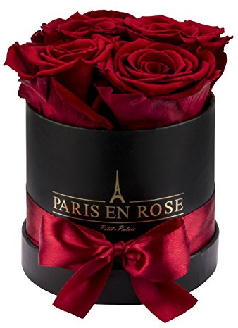 PARIS EN ROSE Rosenbox | mit 4 Bordeaux-roten Infinity Rosen Größe XL | konservierte ewige Rose | runde Schwarze Box mit Schleife | 3 Jahre haltbar | Grußkarte