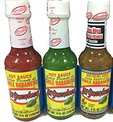 El Yucateco Salsa Chile Habanero rojo, verde y Kutbil-ik-de XXXTRA 3 botellas con plato de tapas