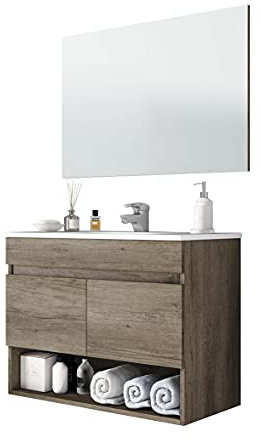 Miroytengo Mueble de Baño Suspendido con 2 Puertas y Espejo, Módulo Colgante con Lavabo PMMA Roble Nordik 80x64x45 cm