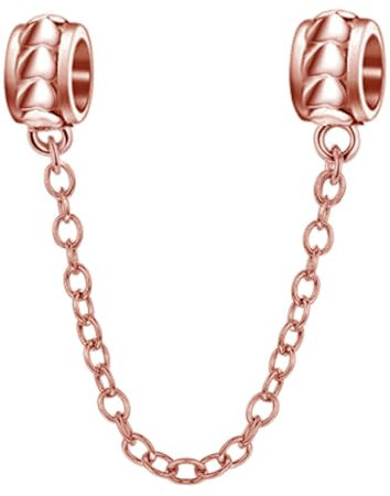 925 Sterling Silver Heart Charm Chain Charm Clasp Safety Clip Stopper Charm Spacer Charm Anniversary Charm Birthday Charm for Pandora Charms Bracelet (Rose-Gold Plated)