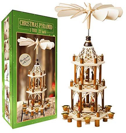 German Christmas Decoration Pyramid - 21 Inches - Wood Nativity Scene Set - Under The Christmas Tree and Table Top Holiday Decor - Nativity Play 3 Tiers Carousel with 6 Candle Holders - German Design