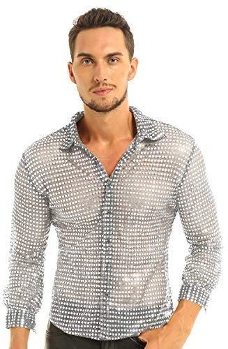 inhzoy Men Shiny Sequins Disco Dance Shirt Tops Long Sleeves Sheer Mesh Blouse Dude Party Clubwear Silver XL