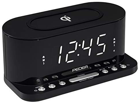 PEDEA FM Radiowecker mit induktiver QI-Ladefunktion und dimmbarem Display, Snooze, Dual Alarm und Sleep-Timer, schwarz