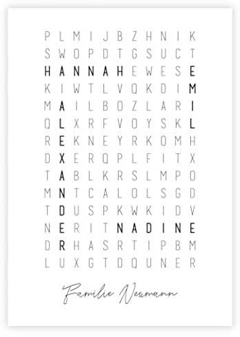 321GESCHENKE Personalisiertes Namensposter Familienname „Kreuzworträtsel, Wanddeko, Familie, WG, Namen, Einzugsgeschenk, Umzugsgeschenk, Geschenk zum Einzug, (Weiß)