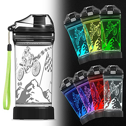 Ammonite Motorcycle Water Bottle, with 3D Glowing Dirt bike LED Light - 14 OZ Tritan BPA Free - Creative Motocross Gift Ideal for Children Boys Sports School Outdoor Camping Picnic Travel