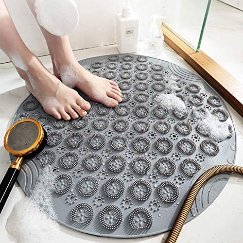 RHP Badematte Antirutschmatte Dusche Duschmatte rutschfest,Duschwanneneinlage mit Saugnäpfe & Ablauf Loch,Duscheinlage Komfort Massage Duschunterlage Bad Kicherheits Antibakteriell PVC Rund - Grau