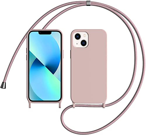 LIUKM Crossbody Case for Apple iPhone 13 Mini,Phone Strap with Adjustable Lanyard Cord Detachable Rope, Soft Lanyard Silicone Case for iPhone 13 Mini - Rose gold