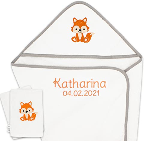 Babykajo Baby Handtuch personalisiert mit Namen und Geburtsdatum Oeko Tex Zertifiziert – Kapuzenhandtuch 80x80cm + 2 Baby Waschlappen aus 100% Baumwolle – Babygeschenke zur Geburt Junge und Mädchen.