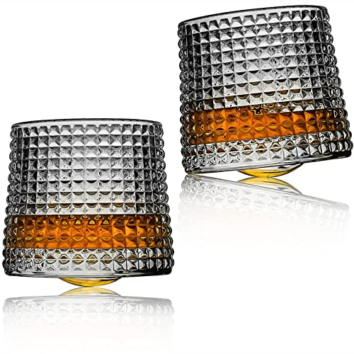 Earnmore – Lot de 2 verres à whisky rotatifs de décompression – Verres à l'ancienne style bar pour rhum bourbon écossais (carreaux, 160 g)