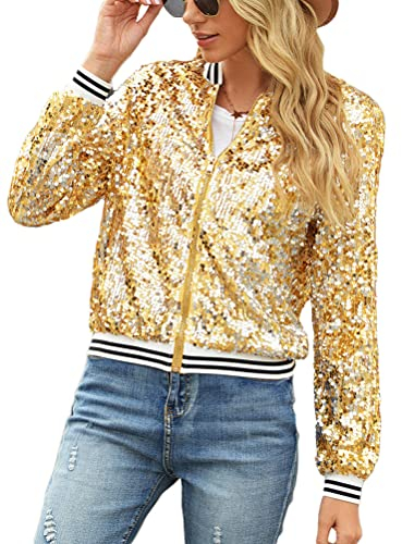 ORANDESIGNE Blouson Bomber Femme Manches Longues Vintage Veste Bomber Casual Zipper Jacket College Poches Coupe-Vent Baseball Blouson Sweat Veste Sport Jacket à Glissière D Or XS