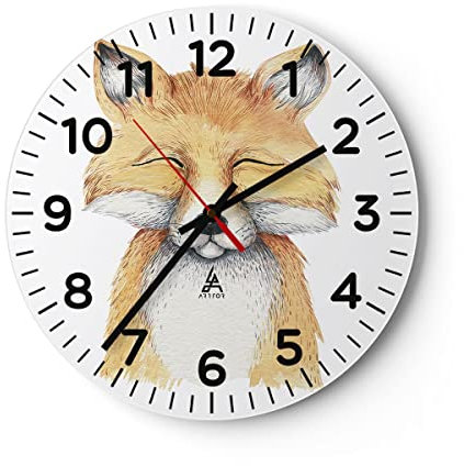 Modern Wanduhr Cartoon Fuchs Kind 30x30cm Rund Klein Wand Uhr Glas Analog Zimmeruhren Küche Büro Wohnzimmer Glasuhr Wall Clock Dekoration Design Wanddekoration Küchenuhr C4AR30x30-4878