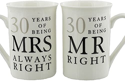 Widdle Gifts Ltd 30th Anniversary Set of 2 China Mugs 'Mr Right & Mrs Always Right' Pearl Anniversary