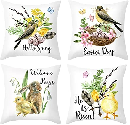 4er Set Ostern Kissenbezug 45x45cm Ostern Deko Beige Kissenbezüge Osterdeko Leinen Kissenhülle Dekokissen Sofakissen Bezug für Ostern Haus Dekoration Party Supplies