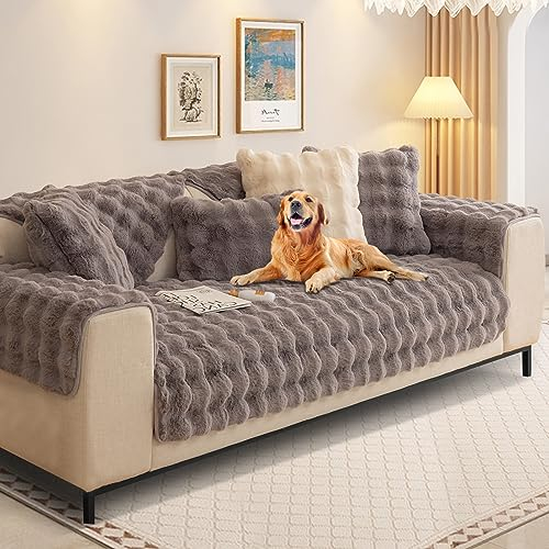 Kaninchen Plüsch Sofabezug L Form 1/2/3/4 Sitzer Sofa Überzug Ecksofa U Form, Neue Universelle rutschfeste Sofaschoner, Superweiche SofaÜberwurf aus Kunstpelz für Wohnzimmer(Grau, 70 * 150 cm)