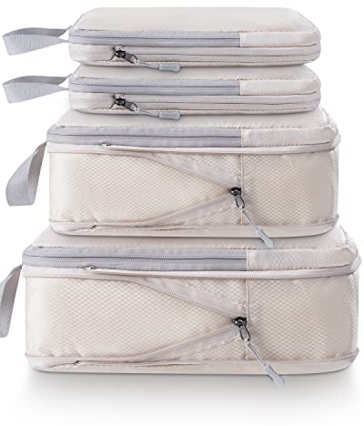 Meowoo 4-teiliges Kompressions-Packwürfel Set - Compression Packing Cubes - Wasserdichter Kofferorganizer mit Reißverschluss (XL, L, 2×M) - Platzsparend für Handgepäck & Koffer (Beige)
