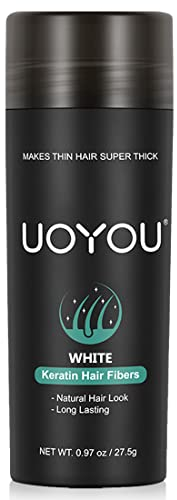UOYOU WHITE Hair Fibres for Thinning Hair 27.5g Bottle | Undetectable & Natural Keratin Hair Fibers Concealer for Hair Loss for Men and Women | Hair Building Fibres Powder [WHITE]