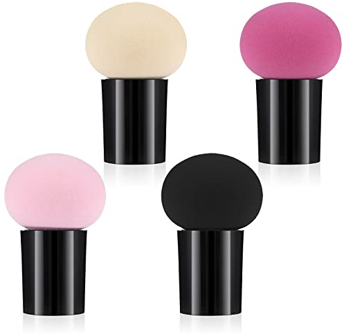 Sibba Lot de 4 Pinceaux de Maquillage En éPonge Beauté pour Fond Teint Anti-Cernes Applicateur Cosmétique pour Le Visage Les Yeux Avec Mini Poignée Couvercle Poudre Lâche Champignon Support Tête Plate