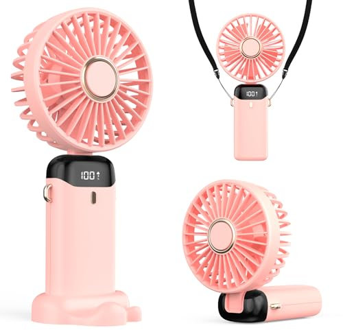 Refluxe Ventilador Portátil de Mano, USB 4200mAh con Pantalla LED, 3 en 1: Mano/Cuello/Escritorio, Plegable a 90°, para Verano, Oficina, Dormitorio, Viajes, Regalos para Adultos y Niños (Rosa)