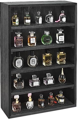 Ikee Design Wooden Wall-Mounted Display Shelves Rack for Collectibles, Figures,Shot Glasses,Spice Can,Cosmetics or Perfume, 5 Adjustable Height Shelves,Space-Saving, Black Color