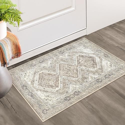 KUTA Washable Oriental Small Area Rug Ivory Grey Yellow, 2x3 Entryway Rugs Indoor Non-Slip Soft Printed Vintage Distressed Farmhouse Low-Pile Door Mat for Entrance Bedroom Kitchen Nursery