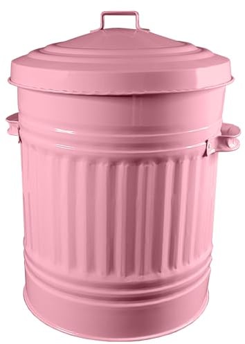KetoPlastics Baby Pink Metal Bin with Dustbin Lid - Strong Steel 30L Bin Ideal for Home, Kitchen, Outdoor/Indoor Use, Animal Feed, Pet Food