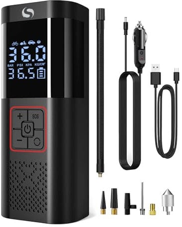SERVOMASTER Cordless Tyre Inflator Air Compressor, Portable Car Tyre Pumps with Pressure Gauge, Electric Bike Pump Battery 150PSI 12V DC, Rechargeable Tyre Pump with LED for Car Bicycle Motorbike Ball