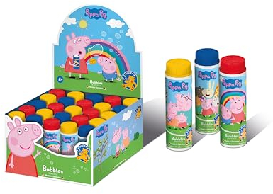 PUSTEFIX - 420816310 Seifenblasen Flüssigkeit | Großpackung 70 ml | Deckel mit integriertem Blasring | Peppa Pig Design - 4-fach sortiert | Klassiker für großen Seifenblasen Spaß