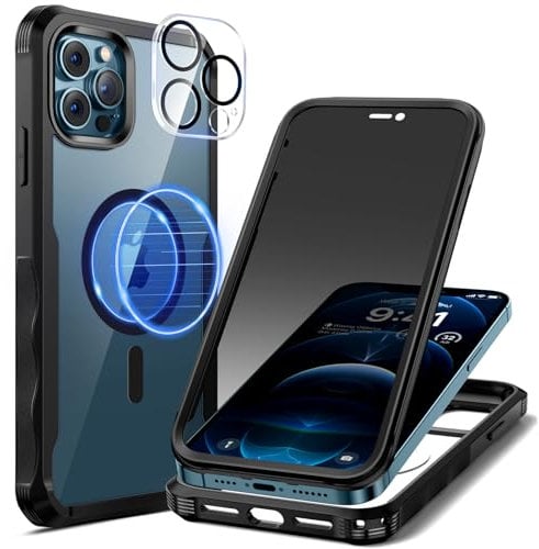 seacosmo Magnetic Case for iPhone 12 Pro Max with Privacy Screen Protector and Camera Lens Protector, Full Body Shockproof Protective Phone Cases for iPhone 12 Pro Max Compatible with MagSafe - Black