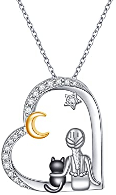 Flyow S925 Sterling Silver Black Cat Heart Pendant Necklaces Cute Animal Jewelry Gifts for Women Teens