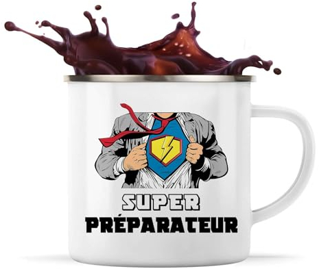 Planetee Tasse métallique Super Préparateur | Mug Émaillé Métal Timbale Camping et Randonnée Métier Collègue Cadeau Travail Boulot Départ Retraite