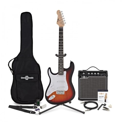 Full Size Guitarra Eléctrica LA para Zurdos Sunburst con amplificador de guitarra de 15W y kit completo de accesorios | Kit de inicio completo para zurdos, guitarra cómoda y ligera, amplificador de 15 W con sobremarcha