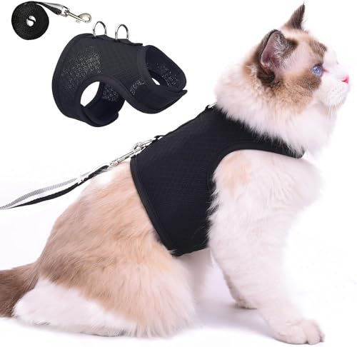 Katzengeschirr und Leine zum Spazierengehen, ausbruchsicher, atmungsaktives Netzgewebe, einfarbig, Schwarz, Größe XXL, verstellbare Katzen-Wanderjacken, gepolstert, stilvolle Katzenweste