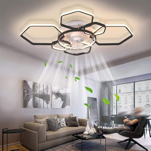 ITETONE 40 Modern Ceiling Fans with Lights and Remote,Black 7 Ring Low Profile Ceiling Fan, Flush Mount Bladeless Ceiling Fan, 6 Speeds Girls Kids Bedroom Decoration Ceiling Fan